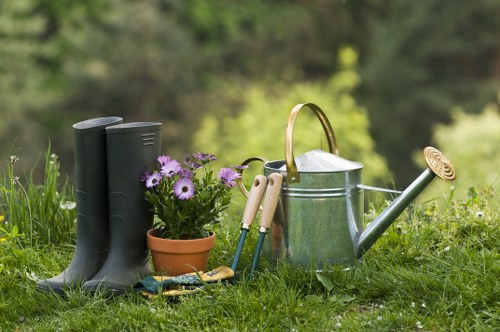 A collection of gardening tools and accessories arranged on a lush green lawn in a garden setting. The foreground features a pair of tall black rubber garden boots positioned upright, next to a small terracotta pot containing blooming purple and white flowers, possibly daisies. Nearby, gardening gloves and small hand tools, including a trowel and pruning shears, are laid out on the grass. To the right, a watering can with a long spout and a brass spray head is visible, with a handle arching over the can's body. In the background, blurred trees and shrubs create a natural backdrop, indicating a well-maintained outdoor space suited for lawn care and gardening activities. The overall scene is well-lit with natural daylight, suggesting a clear weather day, making it suitable for outdoor gardening services in Raynes Park or surrounding areas, with visual cues supporting garden maintenance themes.